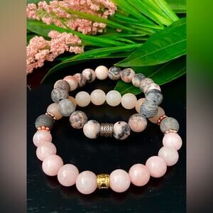 ALL THINGS BEAUTIFUL: Pink Zebra Jasper and Pink Jade Bead Bracelet Set (NEW)